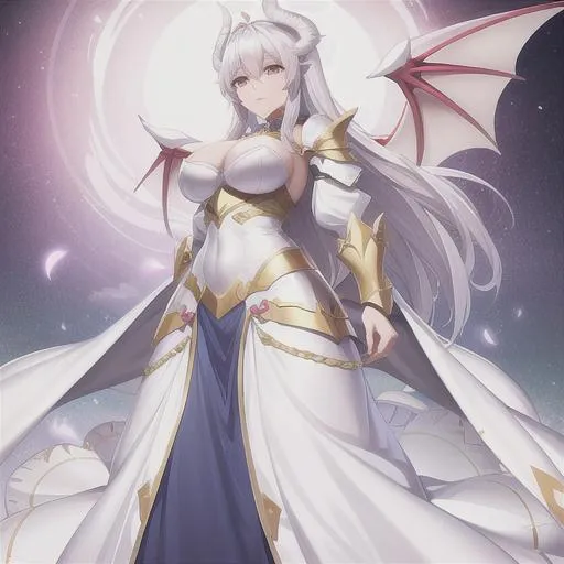 Prompt: White dragon knight, large wings, large dragon tail, long dress, armor, woman