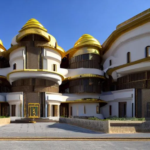 Prompt: Modern baroque inspired Congolese architecture on a street with precolonial congolese art inspiration and Congolese minerals, volumetric natural light, ultra realistic, vray,  hd