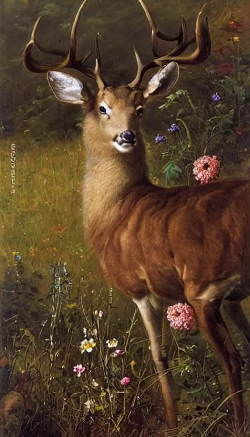 Prompt: Rococo oil painting on canvas of a deer surrounded wild flowers by Hans Dahl, close up| flowers| tall grass| edge of forest| Scandinavian wildlife