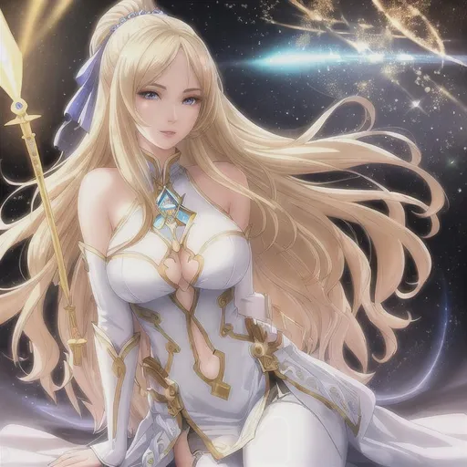 Prompt: ultra realistic illustration, 100 mm lens, cinematic shot, full-body, front view, perfect angle,

Young woman, white and gold armor with glowing blue Chinese runes, 
one crystal cedar staff, (detailed face, detailed eyes, detailed nose, detailed mouth and lips),  long straight blonde hair, expressive amused lips, beautiful, ultra detailed background showing a dark cosmic starscape and front center a grand stairway made of white bone marble, full-body.

(Ultra detailed, finest detail, intricate), 

Large Grand Epic composition, epic proportion, full body, full background