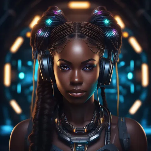 Prompt: Please produce a photograph of a Black woman robotics engineer with braids, dark skin, with fantasy colors, flashy lights, in a dark background, high quality, trending art, trending on artstation, sharp focus, studio photo, intricate details, highly detailed, UHD, HDR, 8K, ((Masterpiece))