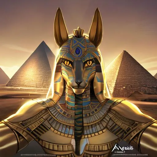 Prompt: Photorealistic egyptian god anubis, pyramids behind