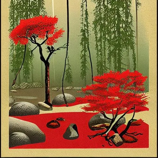 Prompt: zen garden with red trees illustration detailed in Vintage scientific illustration