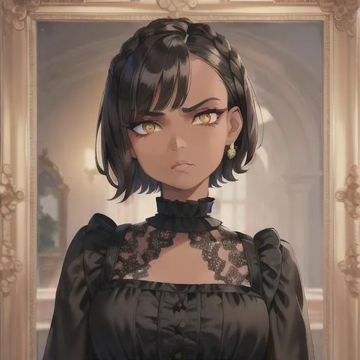 Prompt: (masterpiece, illustration, best quality:1.2), brown skin, mad face, detailed eyes, Victorian style, short straight hairstyle, black hair, devilish like yellow eyes, black eyelashes, wearing a white silky nightgown, best quality face, best quality, best quality skin, best quality eyes, best quality lips, ultra-detailed eyes, ultra-detailed hair, ultra-detailed, illustration, colorful, soft glow, 1 girl