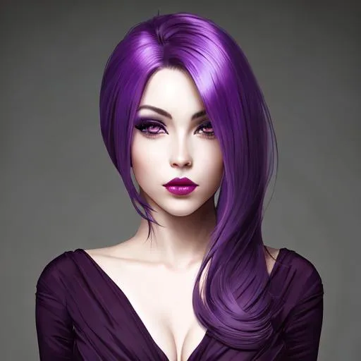 Prompt: Beautiful woman portrait Purple hair, eyes and lips
