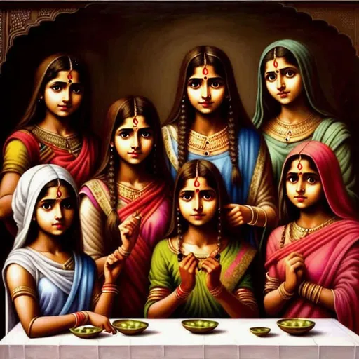 Prompt: Realistic art of Beautiful young girls from various parts of India in the last supper painting 