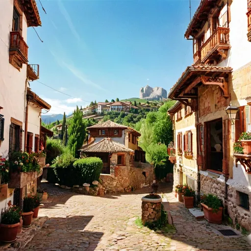 Prompt: Beautiful Vista in a Spanish Mountain Village, (picturesque scenery), vibrant colors, charming architecture with terracotta roofs, lush green hillsides, clear blue sky, warm sunlight casting soft shadows, (serene atmosphere), traditional village texture, cobblestone streets winding through homes, distant majestic mountains, (ultra-detailed), (4K) imagery, inviting and idyllic setting, (landscape inspired by impressionism).