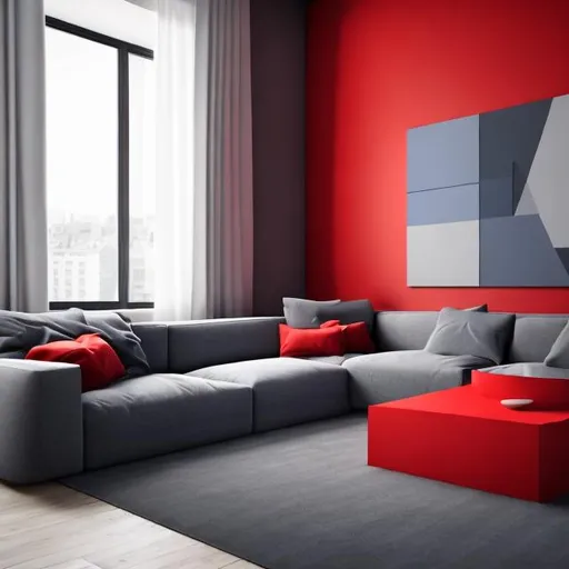 Prompt:   interior design in red blue and gray tones couch minimalism style
