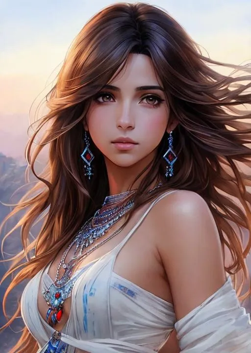 Prompt: a final fantasy watercolor concept art with Naomi Scott, brown hair, jumping in tribal cueitl, parted bangs, brown eyes, ethereal, jewelry set balayage wild hair, royal vibe, highly detailed, digital painting, Trending on artstation , HD quality, tan skin, Big Eyes,artgerm,by yoshitaka amano