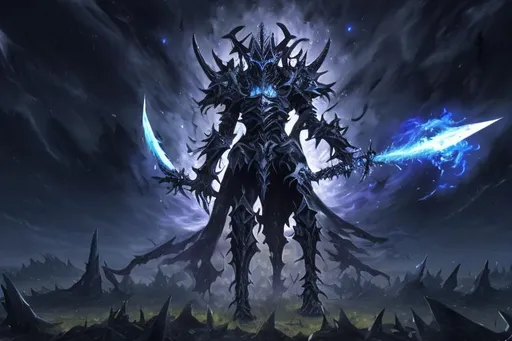 Prompt: Demonic knight, a black aura violently erupts from the whole body, with white big sword targeting the planet in the sky, background open field, full body, masterpiece, V0id3nergy, stars in the background,