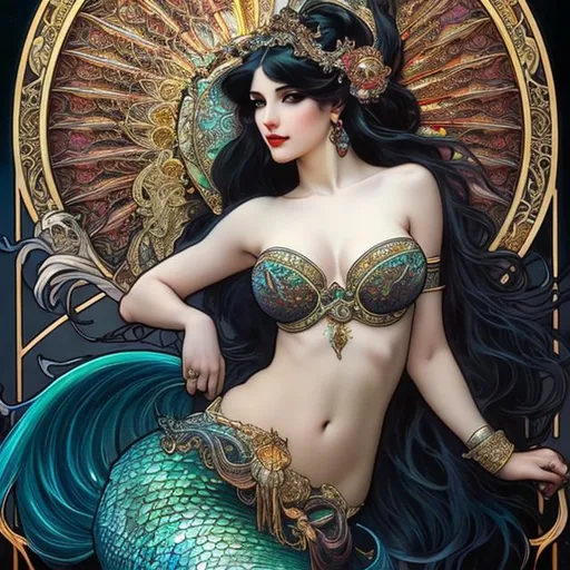 Prompt: Attractive mermaid goddess with traditional fan fish tail, Alphonse Mucha, Luis Royo, Joyce ballantyne, black hair,  high contrast, colorful polychromatic, ultra detailed, ultra quality, CGSociety, depth of field, full body portrait, temple surroundings