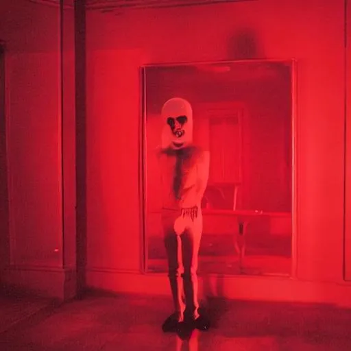 Prompt: Ghost costumed man looking to a mirror in a red room