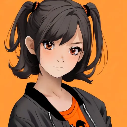 Prompt: Anime style. A 12 year old girl. Hazel brown hair in a high ponytail.  Hazel eyes. Raised left eyebrow and a smirk. Wears a black shirt and grey bomber jacket. The background is soft orange.