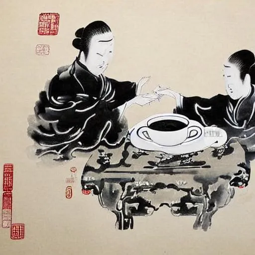 Prompt: Chinese ink wash painting style. A portrait black and white painting. A poet is drink tea with a traditional tea set.


