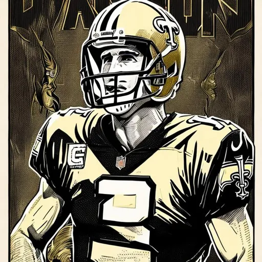 Prompt: Retro comic style artwork, highly detailed Drew Brees, New Orleans, Black, Gold, comic book cover, symmetrical, vibrant
