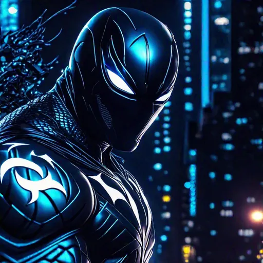 Prompt: Close-up shot of Moon Knight cyberpunked as superhero with Venom Symbiote suit in New York city, 8k, HD, night theme, neon color 