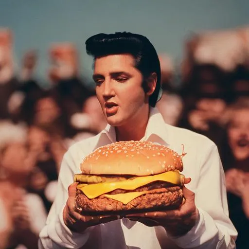 Prompt: Elvis Presley eats giant cheeseburger in front of cheering crowd