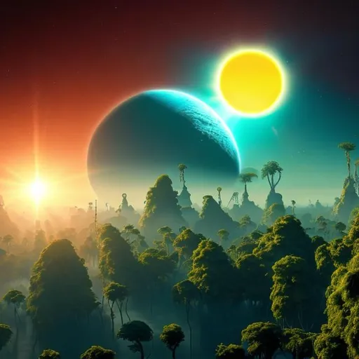 Prompt: alien jungle planet, two suns, picture from space