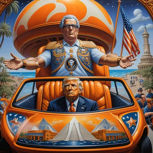 Prompt: A Seven Wonders Art Glass Studio oil portrait honoring Horus and Nuit of rollercoaster riders.  Liberty Park inaugural celebration, roller coaster car Florida Oranges Theme.  sitting in a car with American Flag and presidential seals background, Brothers Hildebrandt, american realism, extremely detailed oil painting, an ultrafine detailed painting