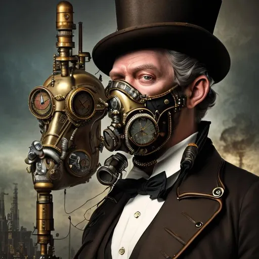 Prompt: Hyper realistic image in the style of Boris Vallejo fantasy of a steampunk man in a top hat and gas mask dark cinematic 8k