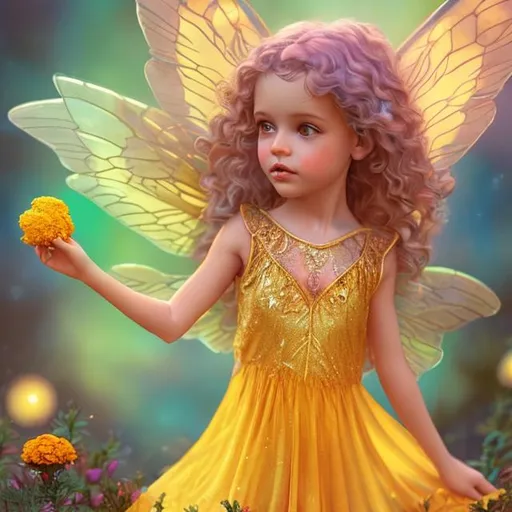 Prompt: marigolds flowers, quartz crystals and girl fairy, in a bright golden dress.