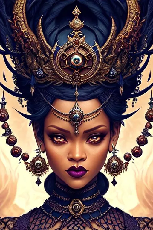 Prompt: Symmetrical + ((rihanna)) + middle close up + evil + lace + gothic + occult + dangerous + goddess of death + skulls + dark magical symbolism + high detail + hyperdetailed + elegant + intricate+ frightening + a painting of a demon with his tongue out, a detailed painting by Ram Chandra Shukla, Artstation contest winner, sumatraism, detailed painting, official art, demonic photograph