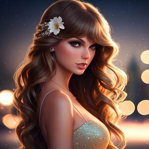 Prompt: 3/4 view face of a woman who looks like Taylor Swift, messy long flowing hair, wearing an elegant dress, flowers in her hair, dark contrast, 3D lighting, soft light, nighttime in the city background, stars, sparkles, bokeh