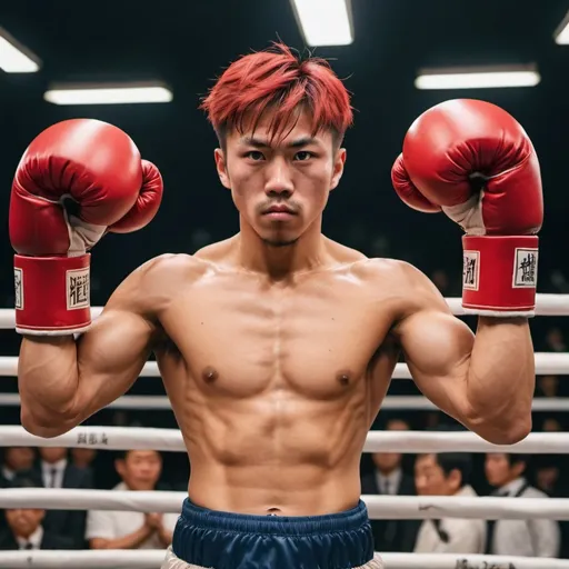 Prompt: A Japanese boxer resembling Naoya Inoue with strong muscles and determined gaze. Handsome face wearing huge big red boxing gloves. Raised up both muscular arms to show off his muscles.