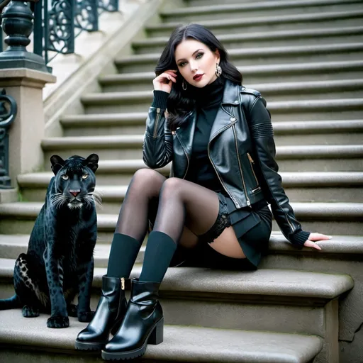 Prompt: A beautiful pale skinned woman with black hair sitting on an exterior stone staircase with her pet black leopard, wearing ((all black ensemble knit sweater hosiery leather jacket miniskirt gogo boots)), intricate face, high detail, 8K photo.