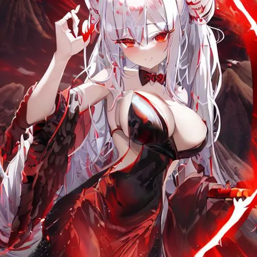 Prompt: a beautiful cute girl with white hair, and lights on her body which is light red. with black angel like wings, and fire like black clothing which is fancy. at an volcano. a red aura around her, and fluffy hair. with a fancy and glorious weapon in her hand. with her are in a cobra bun, with fancy accessories and vampire like teeth.