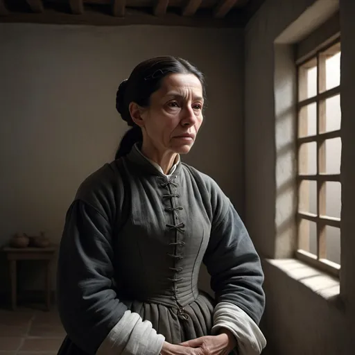 Prompt: Ana de Mendoza, a tragic figure in her final years about 1592, frail and contemplative, in a sparsely furnished room with minimal decoration, wearing plain attire suited for imprisonment, with the cold and stark atmosphere of her confinement clearly evident in the background, hyper-realistic, photo realism, cinematography --ar 9:16"