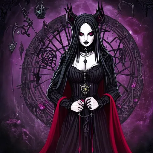 Prompt: Create a podcast cartoon with  tarot cards in her hand. Add gothic makeup and dresses. All black and red. Give her a mystical aura. Make the backround like her altar; all set with cards, spell tools and gothic witchcraft stuff. Photo size must be: width: 1920 
height: 1080.