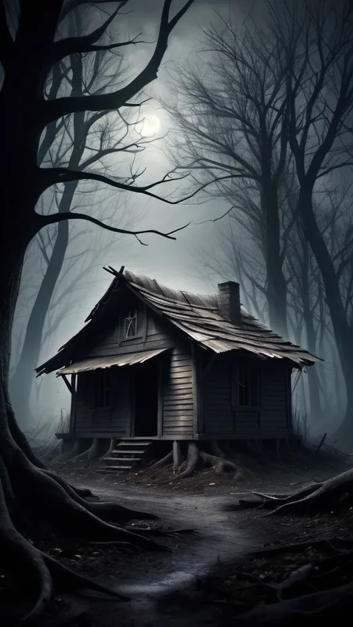 Prompt: (photorealistic), dilapidated hut, (dark color scheme), gloomy forest, crooked trees, dim moonlight, misty atmosphere, soft shadows, delicate mist swirling above the ground, (ultra-detailed), capturing the essence of fear and despair, (high quality), haunting ambiance, eerie atmosphere, intricate details in textures, chilling moody shadows, surreal realism, lonely setting.