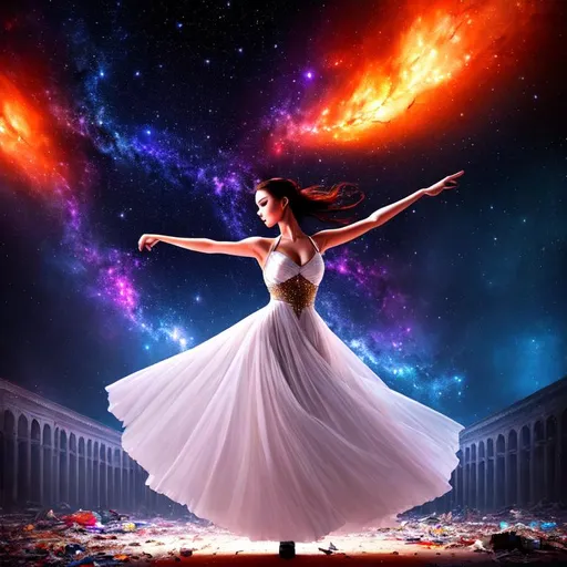 Prompt: Digital painting of a beautiful woman dancing, modern dance, sad, alone, torn clothing, flowing gown, midnight, movie poster, rule of thirds, post apocalypse,  ruins, buildings on fire, world on fire, dirty, trash, myriad stars, nebula, flowing veils