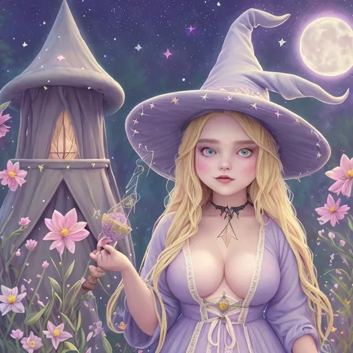 Prompt: beautiful plus size witch with long blonde hair, large chest, doing magic, wearing witch hat, cute, flowers, aesthetic, pastel, fairycore, disney, pixar, moon, stars, witchcraft, in a starry pastel sky, garden, sweet, dreamy, award winning illustration, artstation, highres, hyperrealistic, large eyes, celestial, sci-fi, fantasy, cottagecore, tarot card style, art nouveau