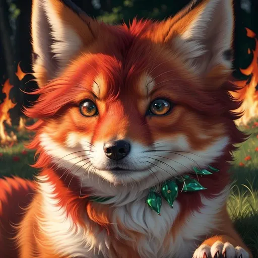 Prompt: masterpiece, professional oil painting, hyper real, 64k, best quality, tiny scarlet ((fox kit)), (canine quadruped), fire elemental, silky scarlet-red fur, highly detailed fur, realistic, timid, ((insanely detailed alert emerald green eyes, sharp focus eyes)), sharp details, gorgeous 8k eyes, insanely beautiful, extremely beautiful, fluffy glistening gold neck ruff, energetic, anime fantasy, two tails, (plump), fluffy chest, fluffy cheeks, enchanted, magical, finely detailed fur, photo realism, hyper detailed fur, (soft silky insanely detailed fur), presenting magical jewel, beaming sunlight, lying in flowery meadow, professional, symmetric, golden ratio, unreal engine, depth, volumetric lighting, rich oil medium, (brilliant dawn), full body focus, beautifully detailed background, cinematic, 64K, UHD, intricate detail, high quality, high detail, masterpiece, intricate facial detail, high quality, detailed face, intricate quality, intricate eye detail, highly detailed, high resolution scan, intricate detailed, highly detailed face, very detailed, high resolution