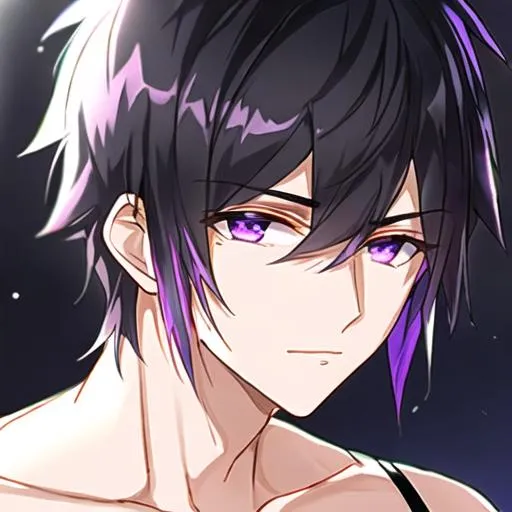 Prompt: Male short side swept black hair with purple highlights covering his right eye