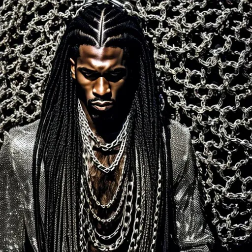 Prompt: Full length Beautiful braided long hair black man wrapped in heavy metal chains
