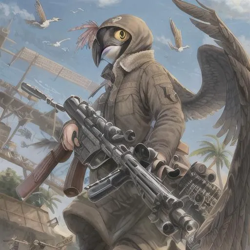 Prompt: Bird with a machine gun!