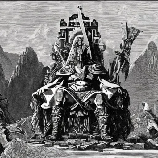 Prompt: A giant warlord sitting on his throne protecting a city while his servants climb up the mountain to give him gifts