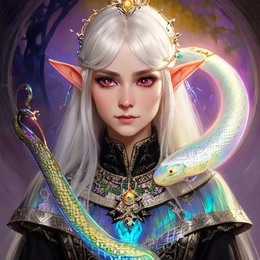 Prompt: A beautiful warlock elf, beautiful face, holding a snake, black eyes, ombre gradient white hair, delicate dress made of gradient iridescent snake scales details by pino daeni, tom bagshaw, Cicely Barker, Daniel Merriam, intricate details by Andrew atroshenko, James Jean, Mark Ryden, charlie bowater, WLOP, Jim burns, esao Andrews, Megan duncanson, beautiful portrait , very detailed, high definition, crisp quality, cinematic smooth, cinematic lighting, ultrarealistic, crispy focus 