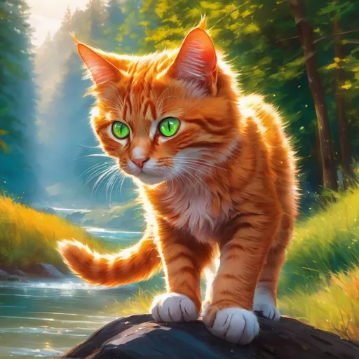 Prompt: warrior cat with {fiery orange fur} and bright green eyes, young male cat, epic anime portrait, beautiful 8k eyes, fine oil painting, intense, lunging at viewer, wearing shiny bracelet, solid red belly, worm's eye view, zoomed out view of character,  (unsheathed claws), visible claws, 64k, hyper detailed, expressive, intense, hissing cat, aggressive, intelligent, lithe, small, covered in scratches and scars, thick billowing mane, glistening golden fur, golden ratio, precise, perfect proportions, vibrant, prowling by a sun-bathed river, hyper detailed, dynamic, complementary colors, UHD, HDR, top quality artwork, beautiful detailed background, unreal 5, artstaion, deviantart, instagram, professional, masterpiece