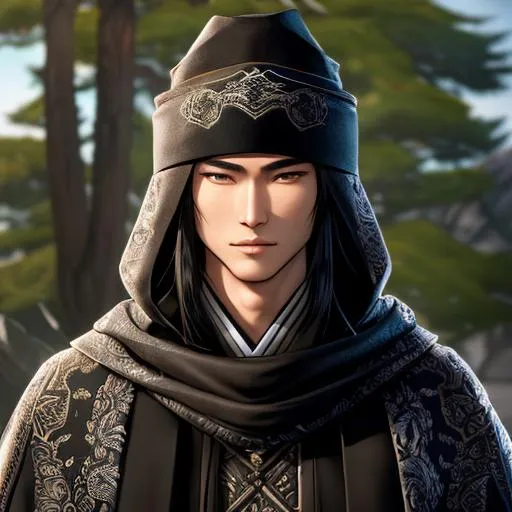 Prompt: A highly realistic and extremely detailed face full body portrait of an 18 year old stripling Japanese male character from Warcraft. Wearing a black cloak over his vagabond samurai kimono that he wears under and also wearing an intricate patterned bandana on his head and wearing a Cotton Shemagh Tactical Desert Scarf Wrapped on his neck. The character should be modeled after an fantastical Ronin young prince with handsome long, messy, and wavy silvery black hair, thin arched eyebrows, and striking golden eyes. The artwork should be created in either 4K or 16K resolution and should be of photo realistic quality."
((Width: 512)), ((Height: 627)))