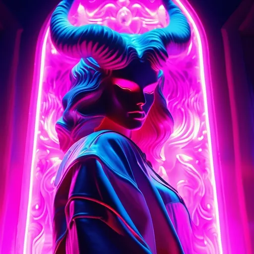 Prompt: demon, hell, demonic, vaporwave, retro, neon, aesthetic, liminal, high quality, high definition, beautiful, dramatic lighting