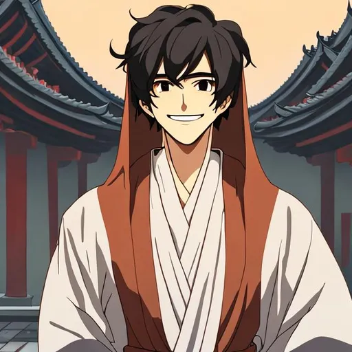 Prompt: anime style, tan skin, handsome man with black hair smiling in a temple, wearing a gray monk robe with hood, very detailed