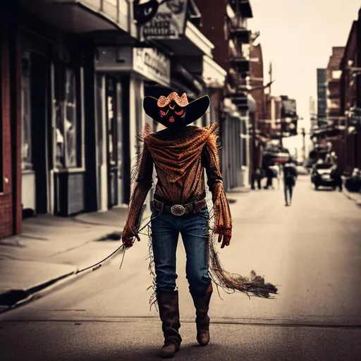 Prompt: spider dressed up like a cowboy walking down a street