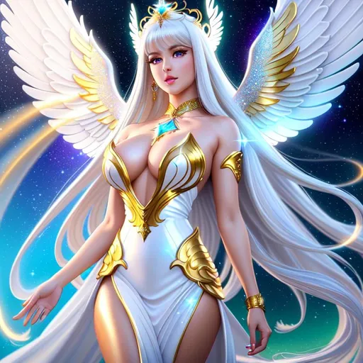 Prompt: A hyper realistic detailed full body image of a flying feminine ((sexy woman)) who has ((sparkling white in eyes)), ((magic angel white in hair)) with ((sexy outfit)) with a plunging neckline, angel wings, golden halo, balayage wild hair, fairy dust, shy cute posture and face expression, highly detailed, digital painting, Trending on artstation, HD quality, ((huge breast)), ((sexy))