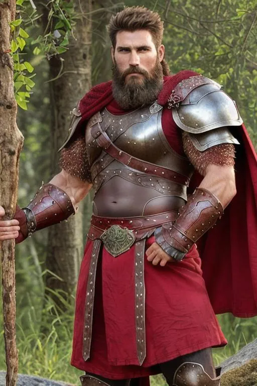 Prompt: male warrior, rugged looking, strong musculature, very hairy chest, short hair and short beard, armor, crimson clothing. 