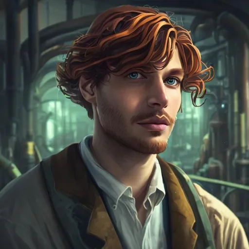 Prompt: attractive scientist guy auburn hair hazel eyes serious dark atmosphere solarpunk portrait realistic details greenhouse