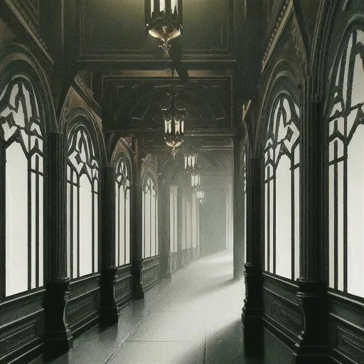 Prompt: concept art of a dark victorian corridor, at night, gloomy, perfect lightning, accurate furniture, ultra fine details, very fine details, intricate scene, highly realistic, gloomy, gothic, dreadful, trending on Artstation and Unreal Engine, 4K